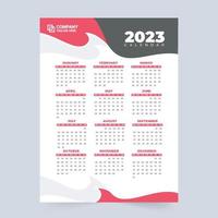 Diseño de plantilla de calendario de año nuevo 2023 con formas abstractas. papelería de oficina de año nuevo y decoración de calendario de pared con colores rojo y amarillo. Vector de plantilla de calendario 2023. semana comienza el domingo.