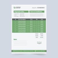 Simple payment agreement and invoice bill template vector with green and blue colors. Print-ready invoice design for corporate business. Professional cash receipt and product purchase record paper.