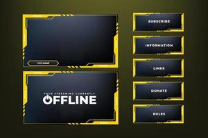 Online gaming overlay vector with button elements for live streaming screens. Broadcast screen interface design with yellow color shapes on a dark background. Futuristic stream overlay vector design.