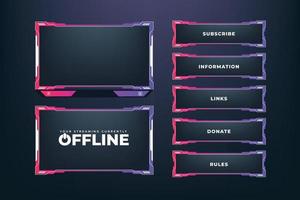 Digital screen interface and border design for online gamers. Abstract gaming overlay decoration with white, pink, and purple colors. Futuristic streaming overlay with buttons and an offline screen. vector