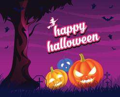 Purple halloween night wallpaper with graveyard, multicolor pumpkin and scary bat vector