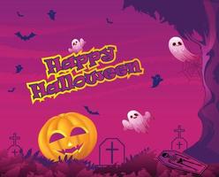 Halloween wallpaper with white ghost, pumpkin and graveyard vector