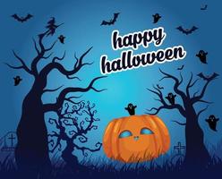 Blue halloween night wallpaper with graveyard and pumpkin vector