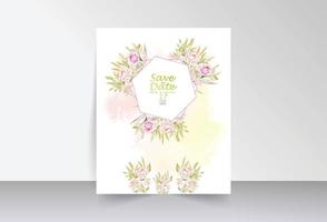 Pink rose and green leaves save the date card with polygon frame vector