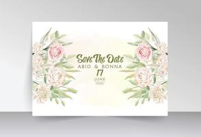 Pink and off-white rose save the date card with green leaves vector