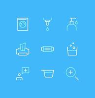 Set of health and hygiene icons, liquid soap, wet wipes, detergent, eye drops, hand cream, mask, heart and linear variety vectors. vector