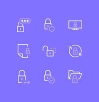 Set of locks and related icons, locked folder, locked phone, change password, cloud, file and linear variety vectors. vector