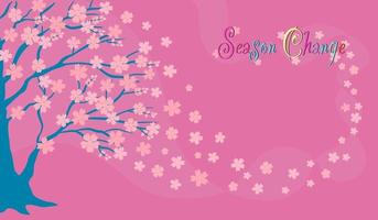 Vector of pink Sakura flower blossom on blue tree in spring season, flying flora design drawing with Season change texts on pink background