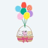 Vector cartoon character drawing of three cute cats in brown basket with a pink bow, hanging on colorful balloons blowing on blue sky background, for a  gift or presents