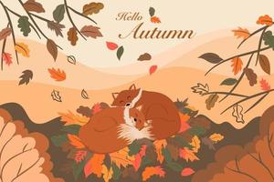 Vector of sleeping foxes on brown, orange leaves in Autumn season drawing, landscape view of trees, forest, mountain scenery with hello autumn texts for holidays  postcard, invitation background