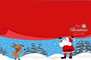 Santa clause pulling red curtain with copy space, texts merry Christmas and happy new year on corner reindeer,  pine trees and snowflakes in winter landscape on background, vector drawing for holiday