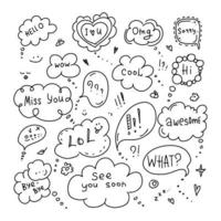 Speech bubbles set in doodle style. Hand drawn dialog clouds with phrases Hello, Hi, Miss you, Lol, Wow, Cool, Omg, Awesome, Bye, What, I love you, See you soon. Vector illustration