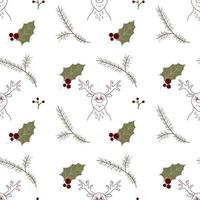 Christmas seamless pattern with reindeer and winter holly leaf and fir branch. Holiday festive repeat texture for wrapping paper, wallpaper, new year decoration vector