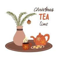 Christmas festive breakfast on the tea table. Ceramic teapot, hot cup of tea and plate with cookies. Vase with spruce branches and christmas ball decoration. Flat vector illustration on white