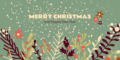 Merry Christmas greeting banner with cute winter plants and snow. Xmas and New Year card, invitation, background. Vector cartoon illustration