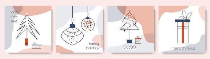 Merry Christmas and Happy New Year greeting card collection. Cute square winter template set. Vector illustration for social media, print, banner minimal design