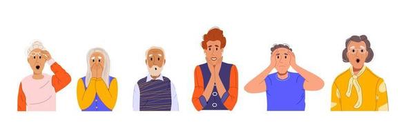 Set of elderly people looking shocked, feared, worried. Old men and women portraits with excited, surprised expressions of faces. Color flat vector illustration of senior characters