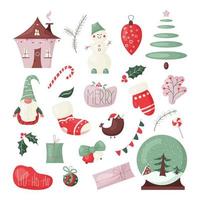 Set of cute Christmas and New Year design elements. Collection of winter color icons. Cartoon vector illustration isolated on white background