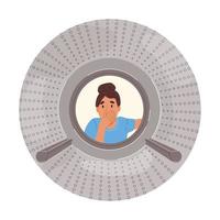 Disgusted woman looking into smelly washing machine. Girl holding her nose. Drum inside view. Color flat vector illustration isolated on white background