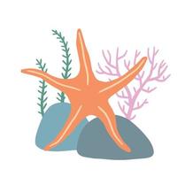 Starfish on seabed with rocks and algae. vector