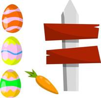 Celebration of Easter. Set of Colored painted eggs and carrot. Christian holiday. Element of child game. Cartoon flat illustration. Plate for finding objects. Sign pointer to route vector