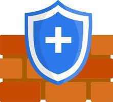 Brick wall and blue shield protection. Red block and security. Symbol of defense and antivirus. Medical icon for app. Treatment and prevention. Flat illustration