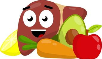 Healthy liver. Happy human organ. Smile and emotions of character. Good nutrition and diet. Cartoon flat illustration. Healthy Vegetables and fruits - carrots and avocados vector