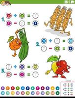 addition and subtraction task with cartoon food characters vector