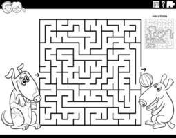 maze game with two cartoon playful dogs coloring page vector