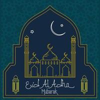 Editable Mosque with Night Sky Scene Vector Illustration and Arabian Lanterns in Outline Style on Patterned Background for Artwork Elements of Eid Al-Adha or Islamic Holy Festival Design Concept