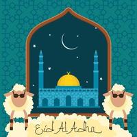 editable dos ovejas y mezquita con ilustración de vector de escena de cielo nocturno en estilo plano sobre fondo estampado para elementos de arte de eid al-adha o concepto de diseño de festival sagrado islámico