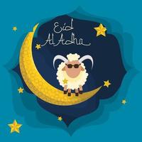 Editable Vector of Sheep on Patterned Crescent Moon with Framed Starry Night Sky Scene Illustration for Artwork Elements of Eid Al-Adha or Islamic Holy Festival Design Concept