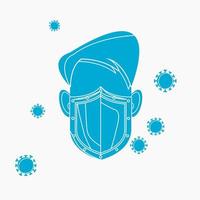 Editable Isolated Vector Illustration of a Male Character Using Mask as Shield from Viruses in Flat Monochrome Style for Artwork Element of Healthcare and Medical Related Design