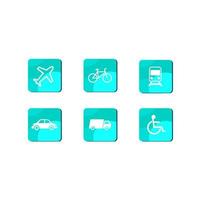 six logos set of means of transportation, planes, trucks, cars, bicycles, wheelchairs, trains. vector