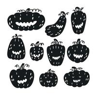 Collection doodle Silhouette of black pumpkin characters. Halloween craft clipart. Flat vector illustration isolated on white background