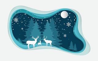 deer in the middle of the snowy pine forest. paper cut design vector