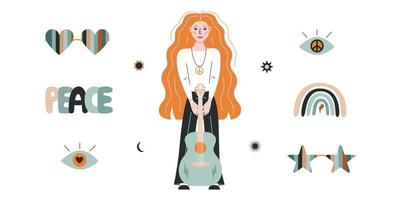 Flat vector hippy boho illustration. Hand drawn retro groovy elements and peace lettering