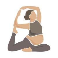 mujer embarazada haciendo yoga o estiramientos, haciendo yoga asana y relajación, ejercicios para mujeres embarazadas, ilustración de estilo plano simple vectorial. concepto de embarazo feliz y saludable aislado en blanco vector