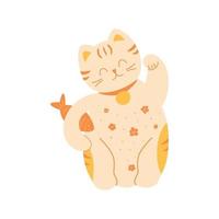 gato de la fortuna gato chino maneki. lindo gato de la suerte japonés maneki neko con fush. símbolo de la fortuna. icono de gato japonés aislado. linda ilustración vectorial de la fortuna. vector