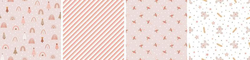 Pink Christmas pattern set. Pastel winter seamless pattern collection Christmas candy canes, gingerbread cookies, tree stipes New Year background print wallpaper. Vector illustration. Christmas paper