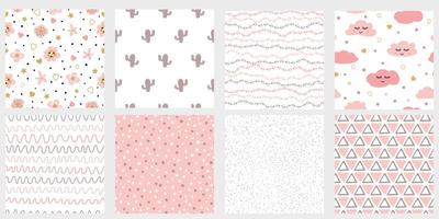 Set of cute abstract hand drawn pink seamless patterns Stripes flowers clouds cactus points vector background Childish irregular geometric lines Irregular dots in pink colors. Lovely pastel layouts.