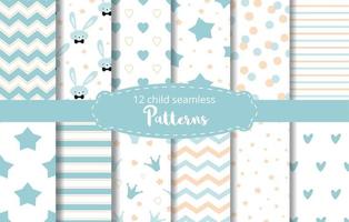 Blue background Set of seamless delicate geometric patterns with stars crowns zig zag ornament rabbit bunny dotted hearts stripes Endless texture for wallpaper web cloth design fabric Baby boy vector. vector