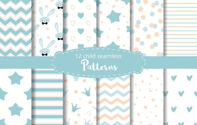 Blue background Set of seamless delicate geometric patterns with stars crowns zig zag ornament rabbit bunny dotted hearts stripes Endless texture for wallpaper web cloth design fabric Baby boy vector.
