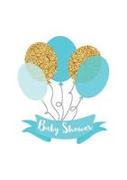 Glittering baby shower card template with golden glitter blue balloon Baby boy element isolated on white Blue ribbon Text baby shower Vector illustration.