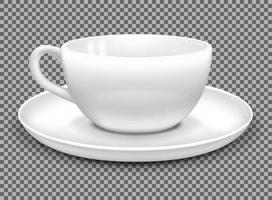 White coffee cup and saucer. Side view. Mockup for advertising design. Isolated on a white background. Vector illustration.