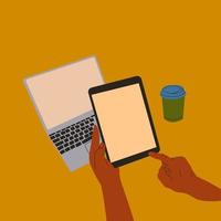 Female hands working on laptop. Coffee on working desk. Point of view on Laptop screen. Working, studying, work from home concept. Hand drawn modern Vector illustration