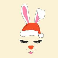 The face of a cute Christmas rabbit with santas hat.Vector in cartoon style. All elements are isolated vector