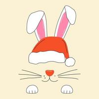 The face of a cute Christmas rabbit with santas hat.Vector in cartoon style. All elements are isolated vector