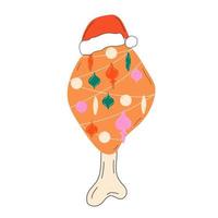 A festive Christmas chicken leg in a Santa hat and garland. Vector