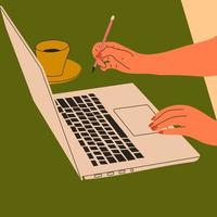 Female hands working on laptop. Coffee on working desk. Point of view on Laptop screen. Working, studying, work from home concept. Hand drawn modern Vector illustration